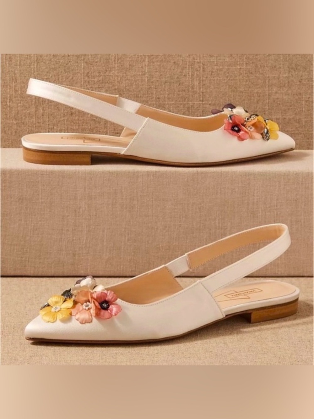 Anthropologie White Slingback Flats with Multicolor Floral Appliqué